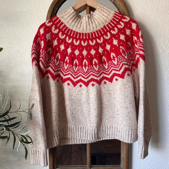 Old Navy Fair Isle Sweater 2X | Chunky Knit Cream & Red Pullover - Picture 2 of 7